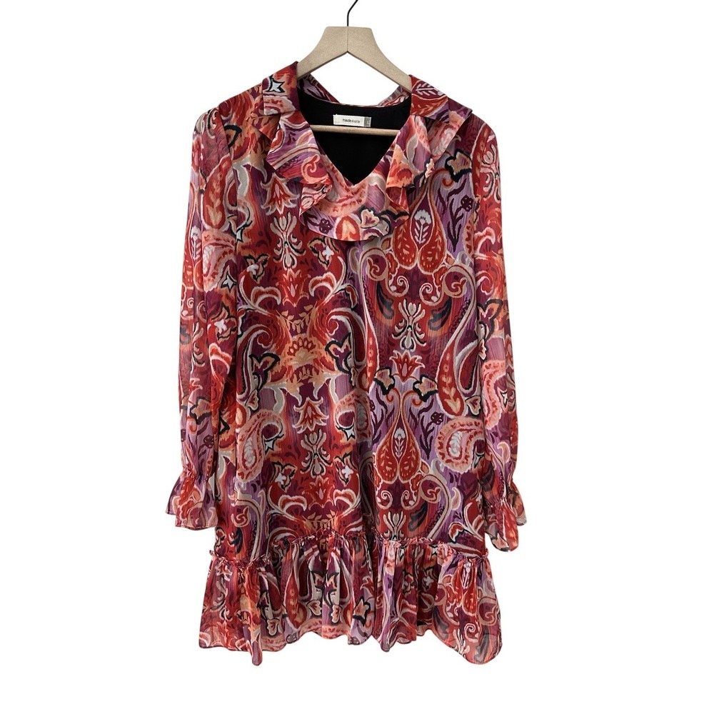 Maude Vivante Long Sleeve Paisley Dress Red Orange Ruffle Trim sz L